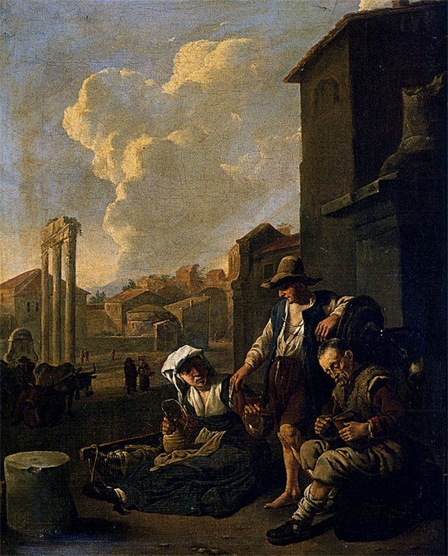 Johannes Lingelbach, Famille de paysans partageant le pain et le vin, le Campo Vacino en arrière plan